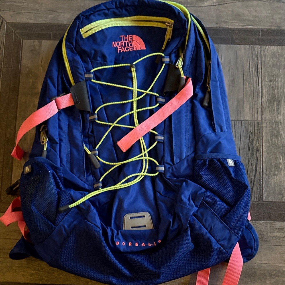 The North Face Borealis Blue Backpack with Pink and Lime Accents